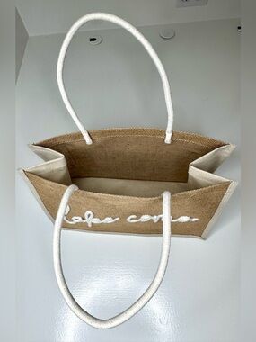 Lake Como Jute Tote Bag with White Rope Script- Lightweight Shopper Tote